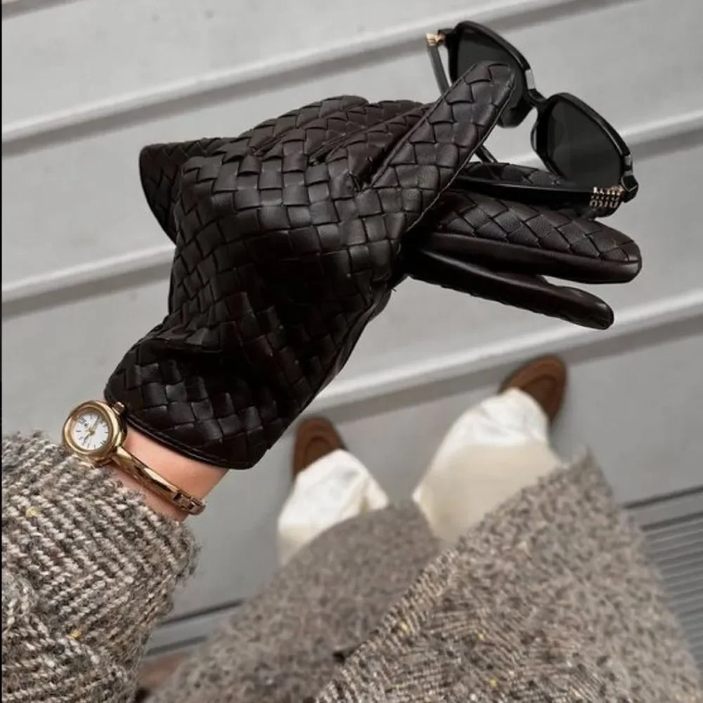 Black Leather Woven Leather Gloves